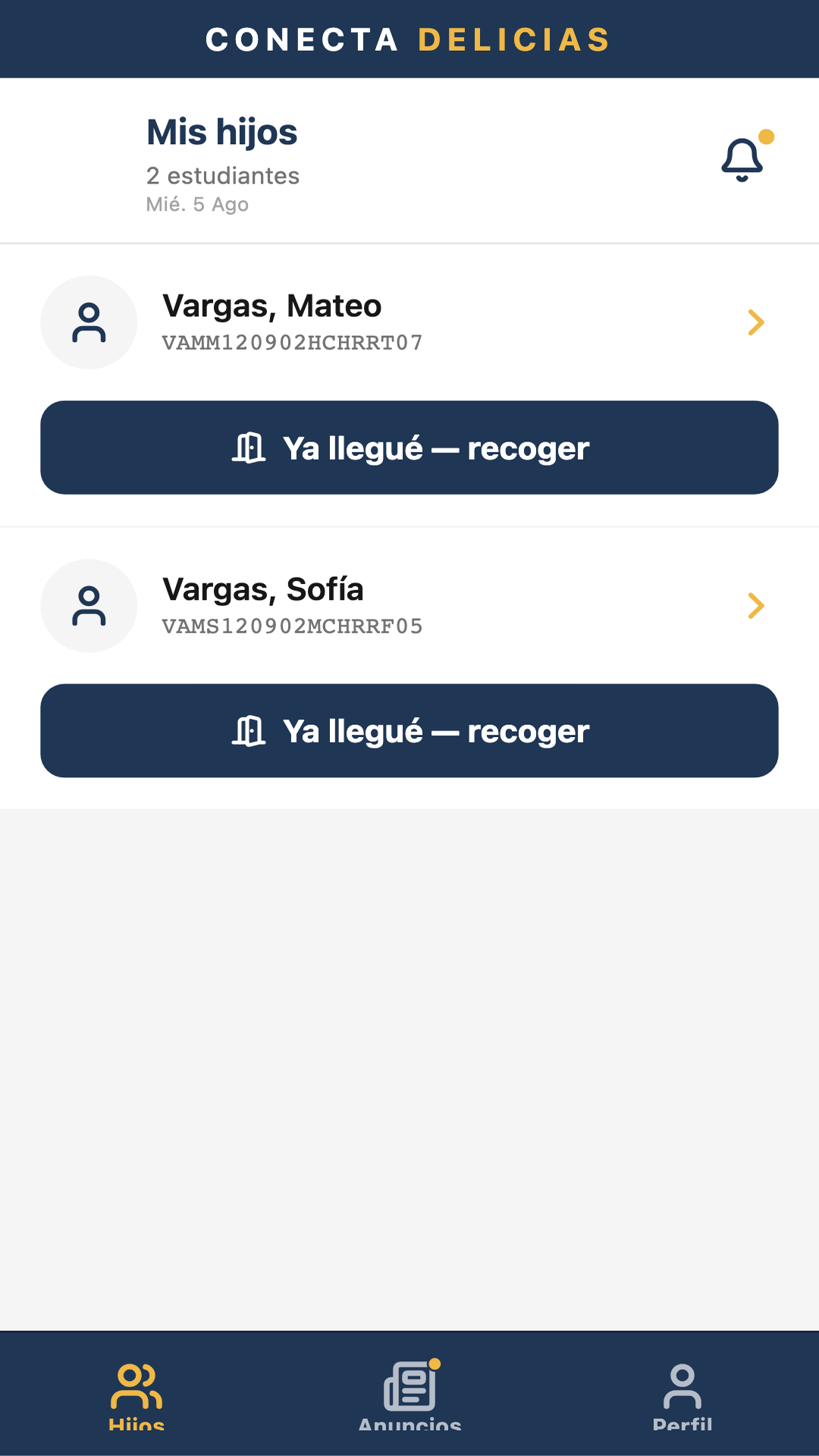 Pantalla de Conecta: lista de hijos de un tutor con el botón de recogida